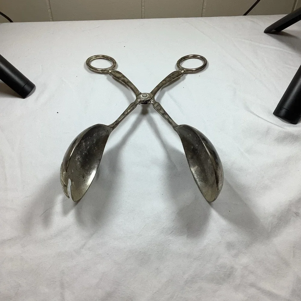 Silver Plated Scissor Salad Tongs Spoon Fork Serving Utensil